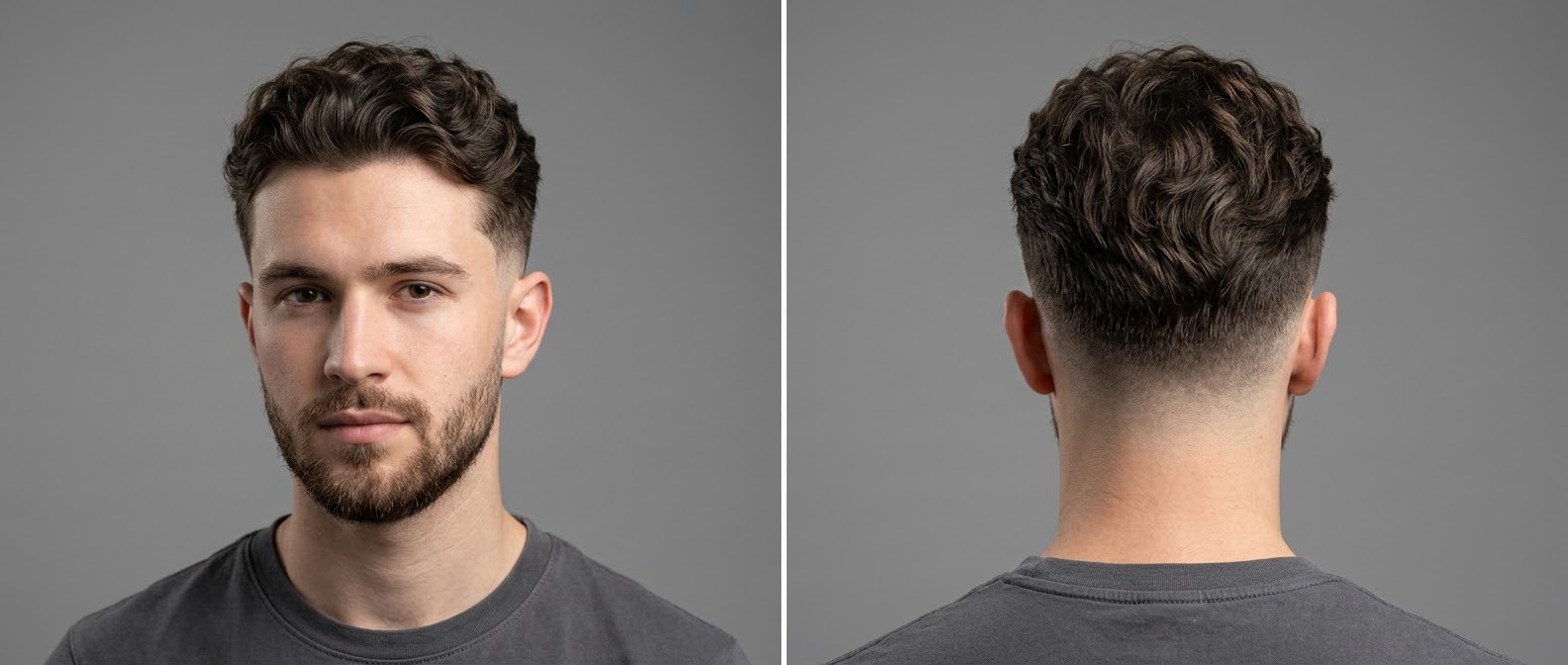 Young Caucasian man with a wavy low drop fade, medium length textured top, and a well-groomed short beard, shown from front and back angles.