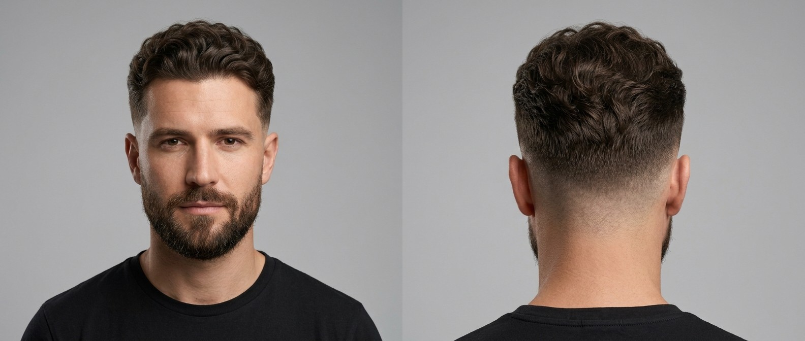 Vorder- und Rückansicht eines Mannes mit dunkelbraunem, welligem Haar, kurzem Low Fade und nahtlos integriertem Bart.