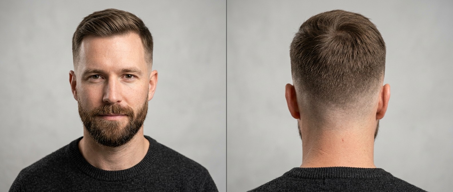Vorder- und Rückansicht eines Mannes Ende 30 mit Low Skin Fade, texturiertem Deckhaar und gepflegtem Vollbart.