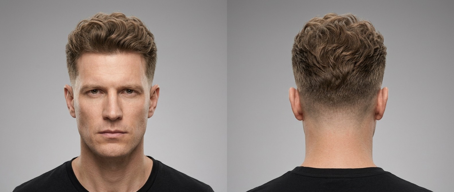 Kaukasischer Mann (35-45) mit braunem Haar, eleganter Wavy Low Fade mit texturierter Tolle.