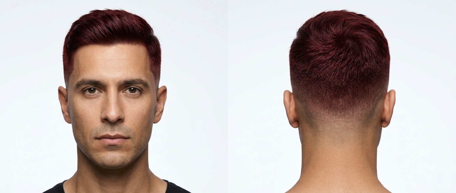 Vorder- und Rückansicht eines Mannes mit olivfarbener Haut und dunkelrot gefärbtem Haar, Low Skin Fade und elegantem Seitenscheitel.