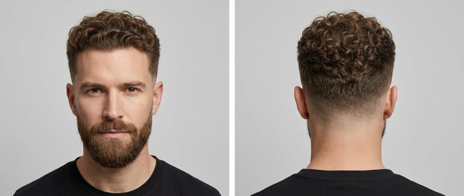 Ein 40-jähriger Mann mit Bart und einem professionellen Low Fade Haarschnitt mit definierten Locken am Oberkopf.