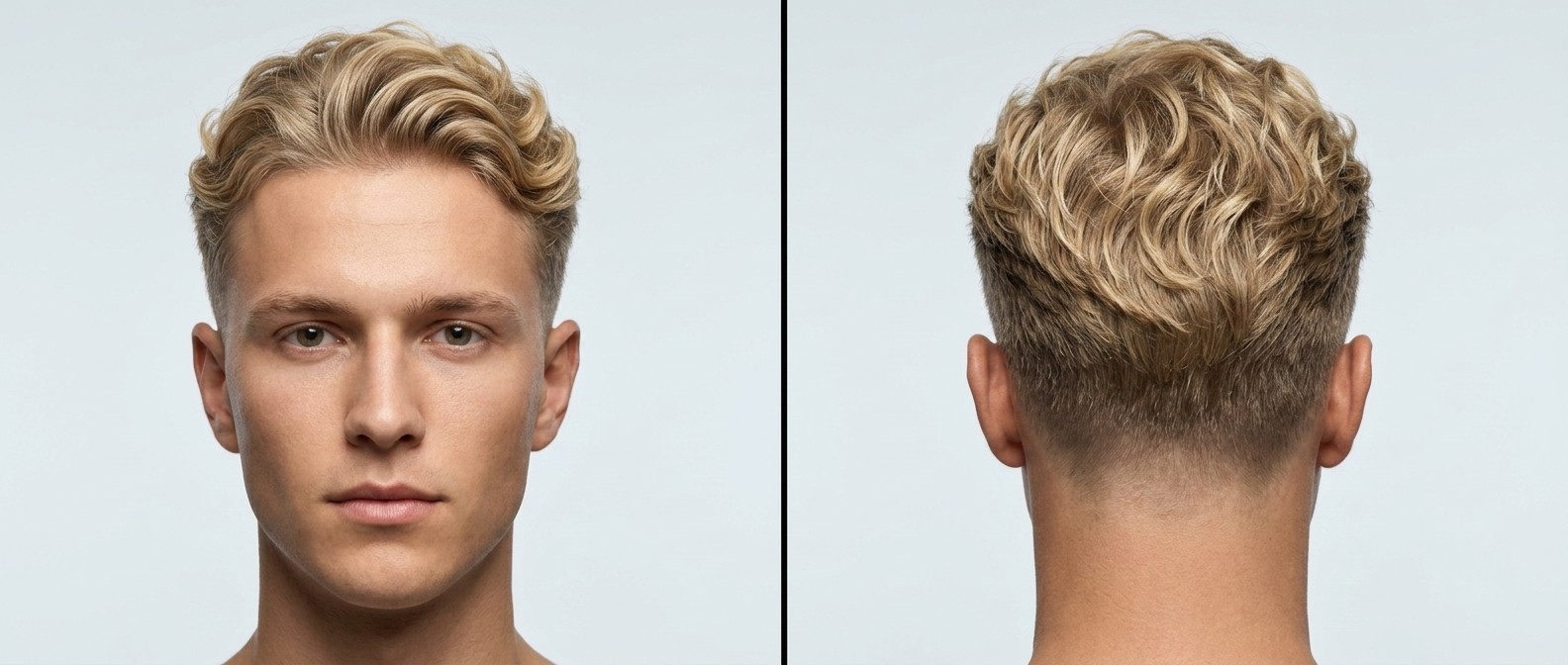 Vorher-Nachher-Ansicht eines blonden Mannes mit stylischem Wavy Low Drop Fade und texturiertem, zurückgekämmtem Haar vor Studiohintergrund.