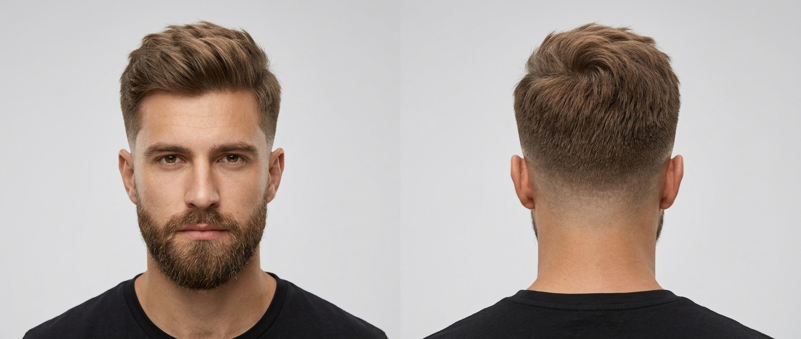 Front- und Rückansicht eines Mannes mit Bart und einem texturierten Low Fade Haarschnitt bei dickem, glattem, hellbraunem Haar.