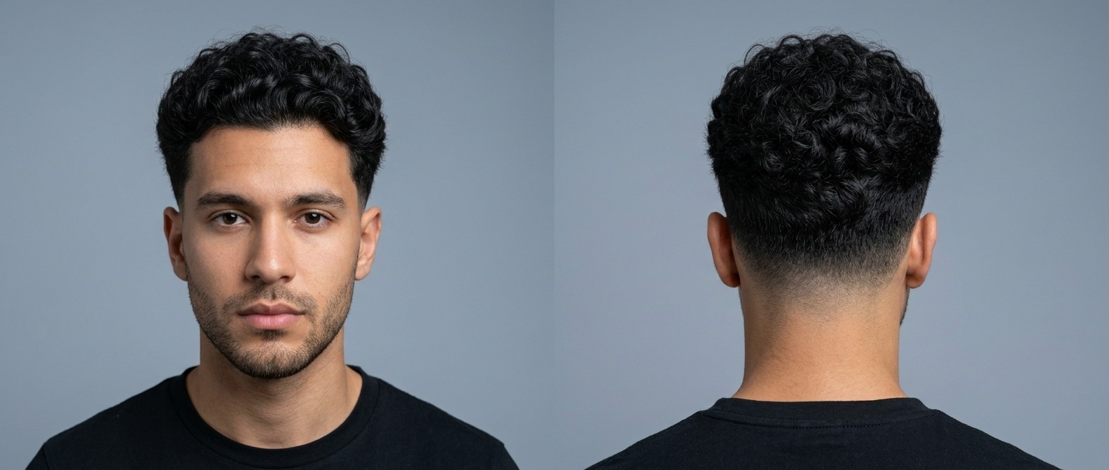Vorder- und Rückansicht eines jungen Mannes mit dickem, lockigem Typ-3-Haar, Low Drop Fade und Dreitagebart.