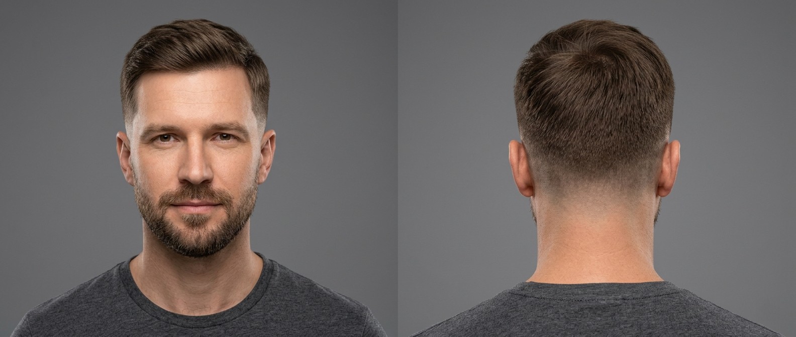 Front and back view of a 35 to 45-year-old Caucasian man with a classic low fade, side-swept medium brown hair, and a short beard on a gray background.