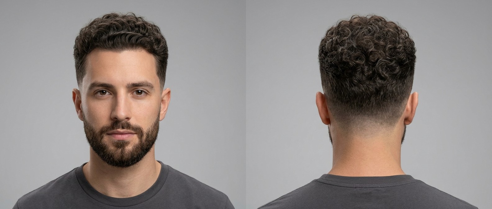 Front and back view of a man with a low drop fade, short defined Type 3 curly hair on top, and a neatly groomed connected beard.