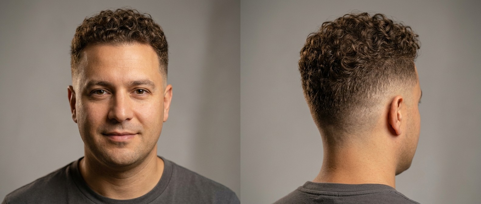 Caucasian man with olive skin and a round face modeling a fresh low drop fade haircut with medium-length, defined Type 3 brown curls on top.