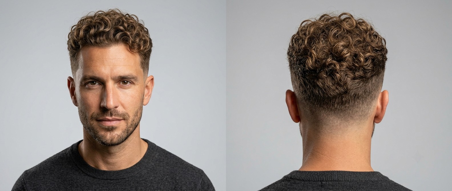 Front and back view of a 35-45 year old man with olive skin, stubble, and a low fade haircut featuring thick, light brown Type 3 curls on top.