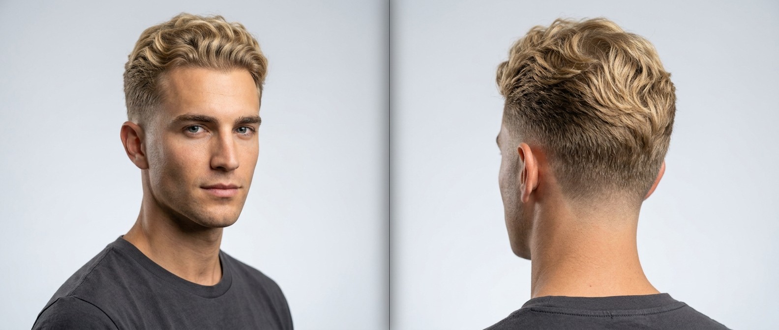 Young Caucasian man with thick blonde wavy hair styled in an elegant textured push-back with a clean low fade, ideal for receding hairlines.