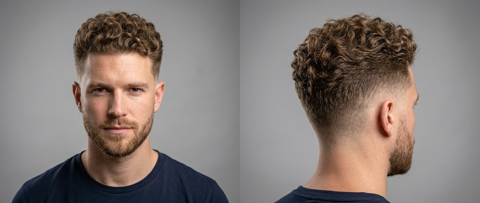Young man with light brown Type 3 curly hair styled in a short textured top with a clean low drop fade and a seamlessly blended short beard.