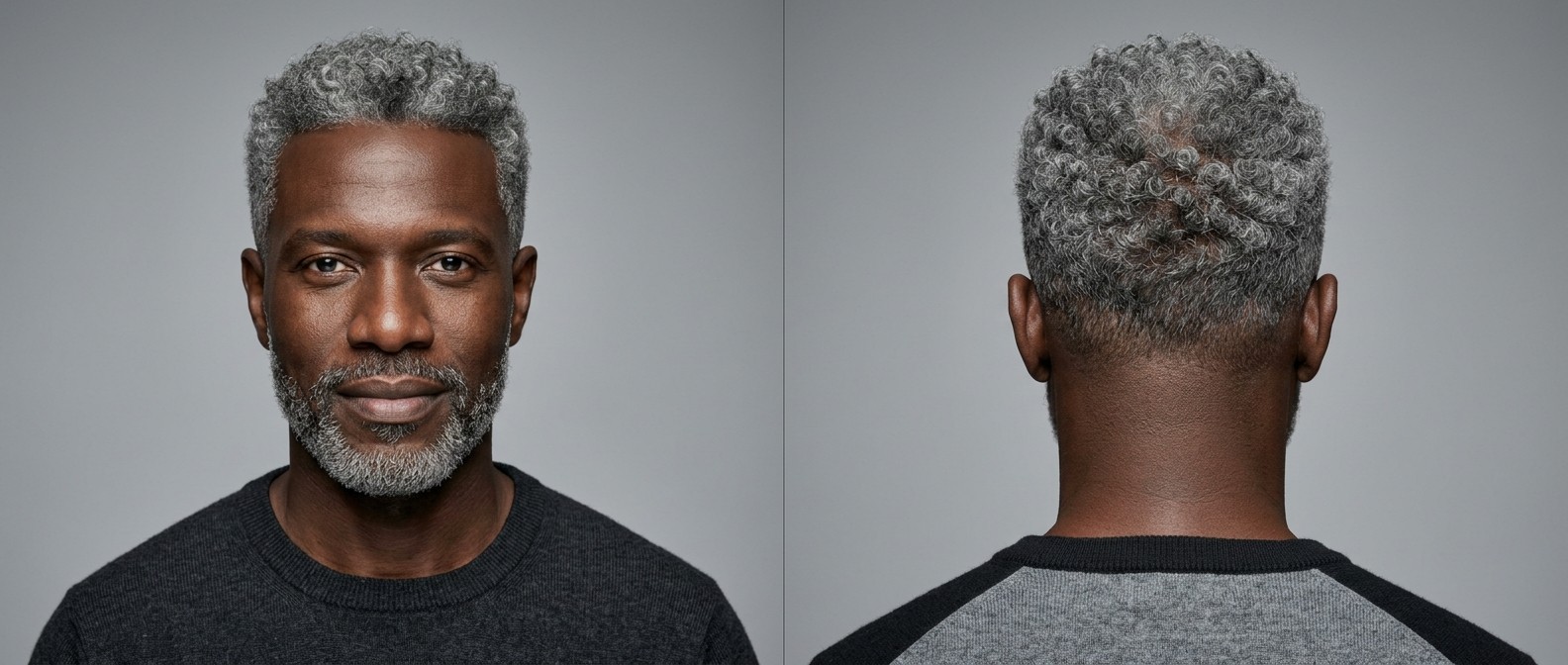 A professional Black man in his 40s sporting a distinguished silver curly low fade haircut and a neatly trimmed short gray beard.