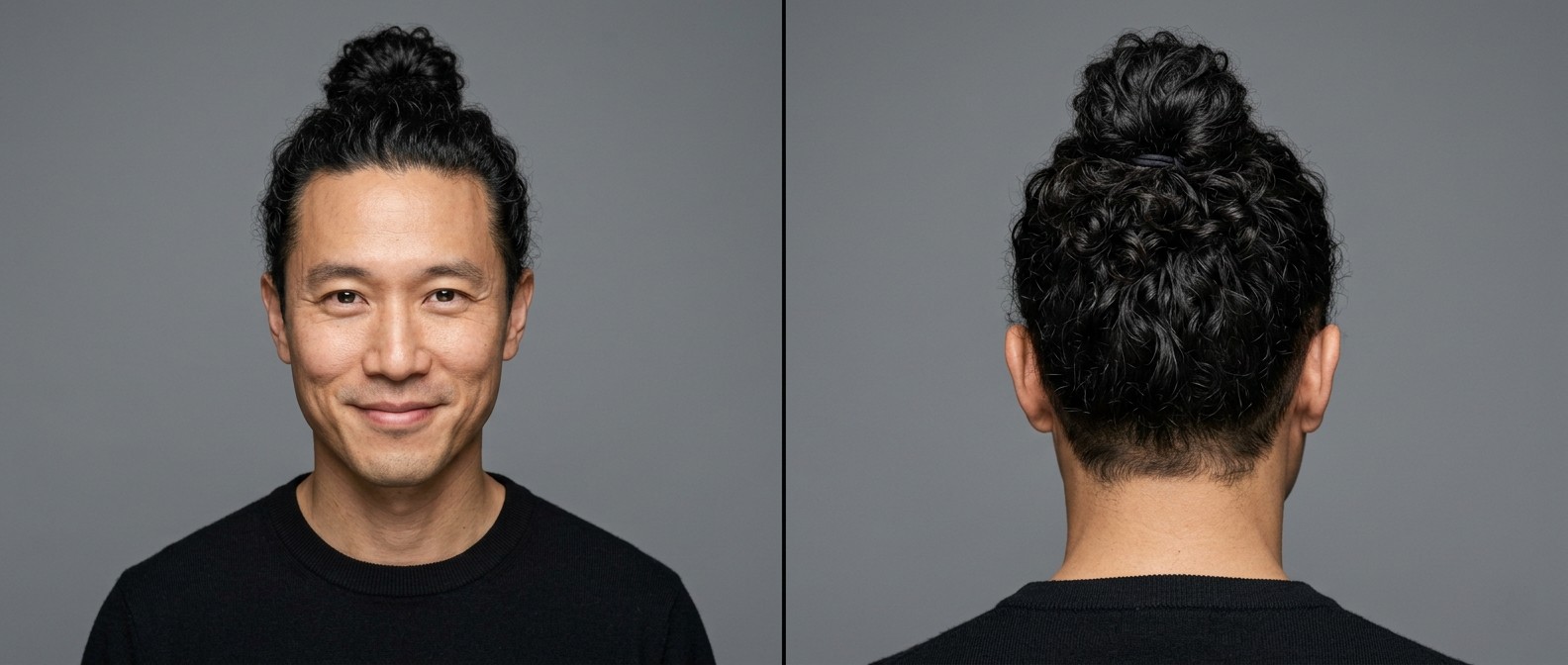 Front and back view of a 35-45 year old Asian man with light skin showcasing a high crown curly man bun with softly tapered medium-length sides.