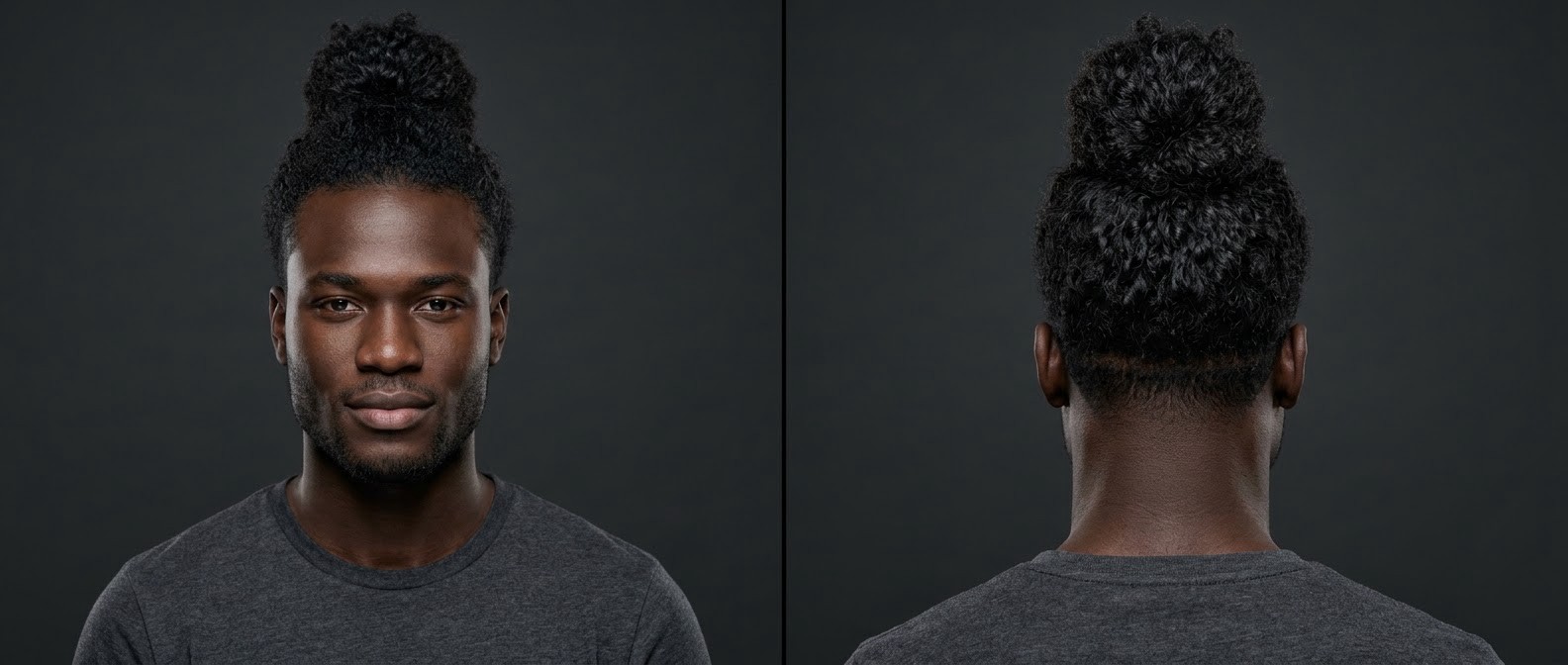 Front and back view of a young Black man with a square jawline sporting a high-crown curly man bun, showcasing thick, textured hair and clean edges.
