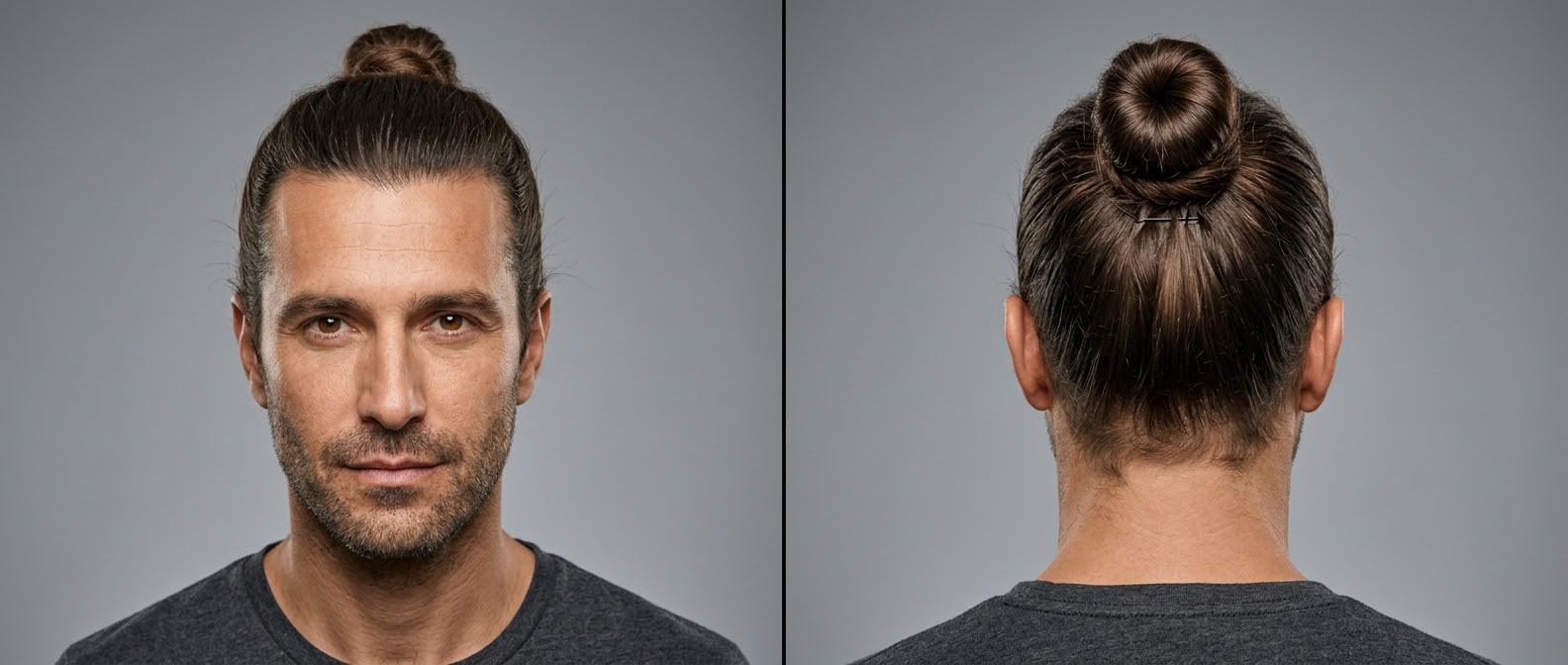 Front and back view of a mature man with olive skin and stubble wearing a neat, high crown man bun with straight, thick brown hair pulled back.
