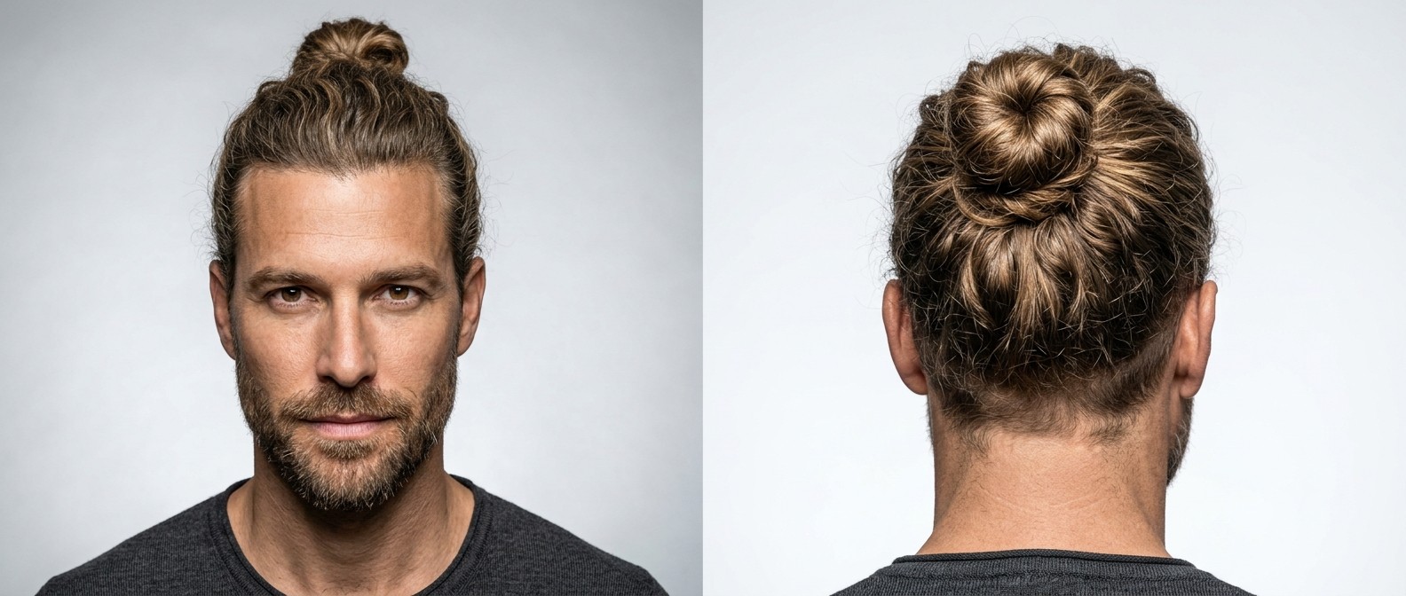 Mature man with olive skin and short beard wearing a high crown man bun, showcasing thick wavy blonde hair and a natural widow's peak.
