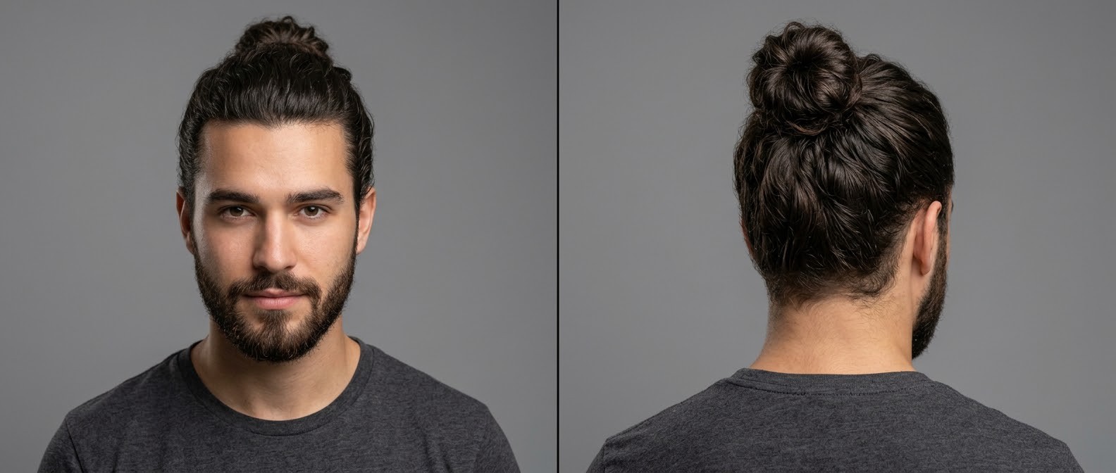 Front and back view of a young Caucasian man with a short beard wearing a full crown man bun styled with thick, dark brown, wavy hair.