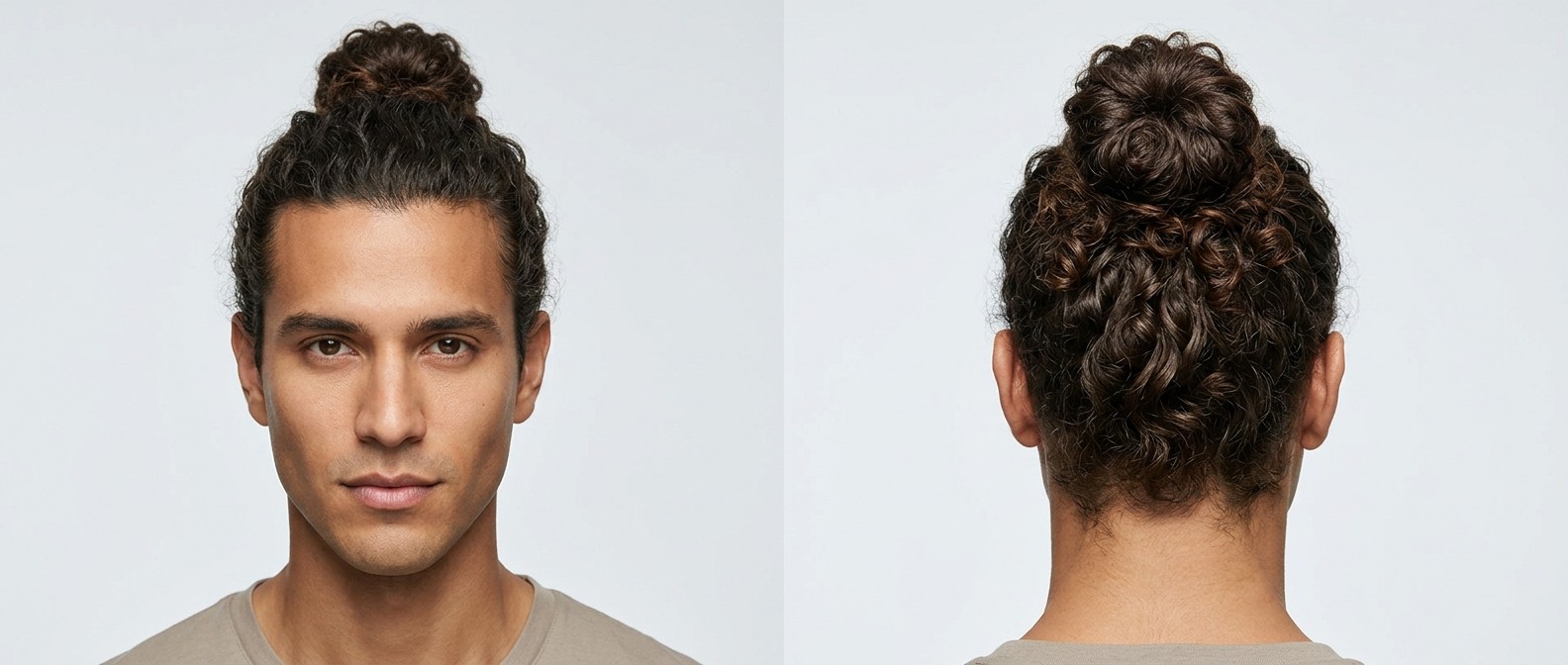 Front and back view of a Latino man with dark brown Type 3 curly hair styled in a high crown man bun, showcasing natural texture and a clean hairline.