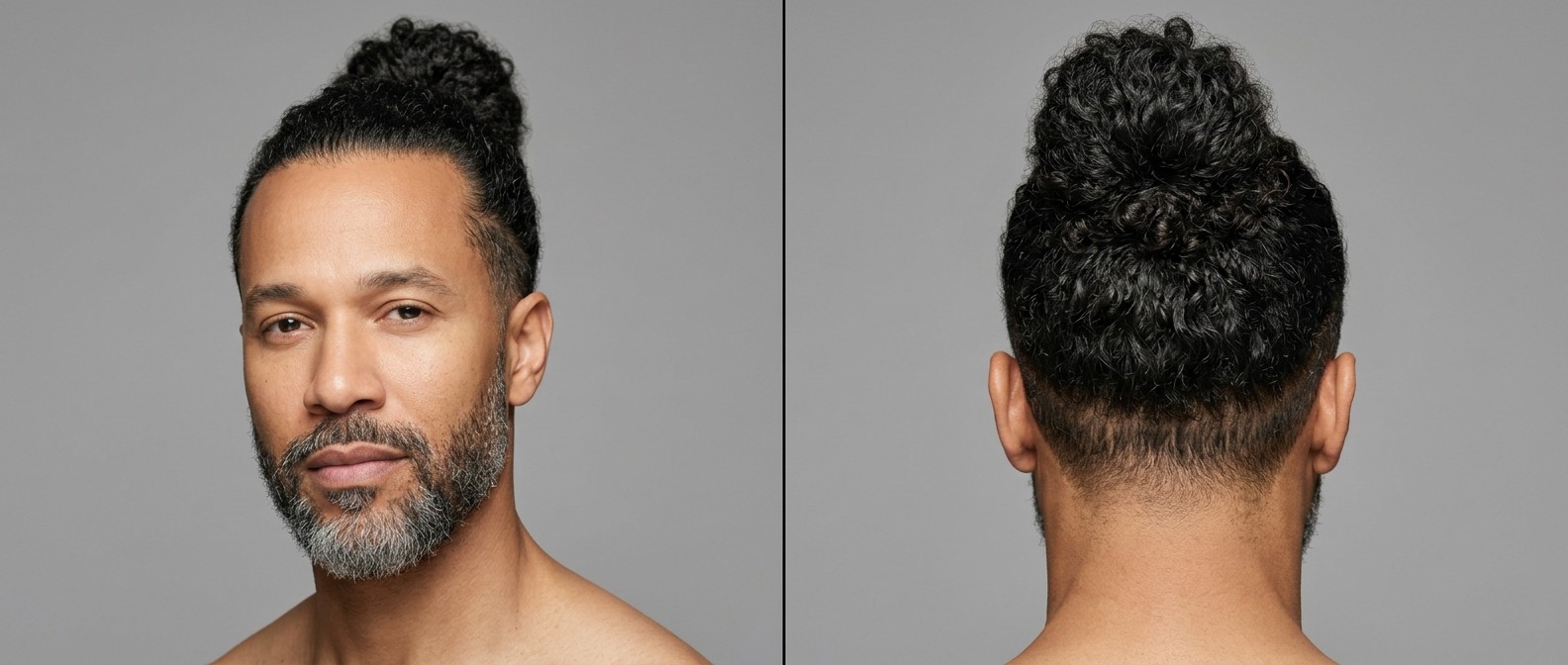Mature man with light skin, salt-and-pepper beard, and Type 3 curly black hair styled in a high man bun with medium tapered sides.