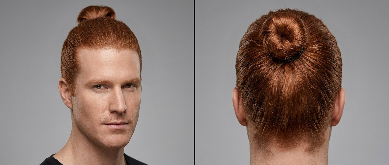 Front and back view of a 35-45 year old Caucasian man with thick straight red hair styled in a sleek, high crown man bun.