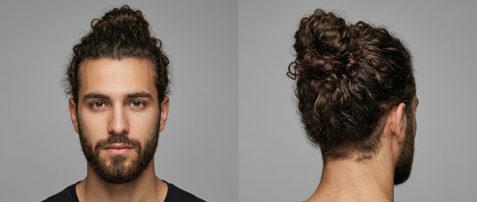 Young man with olive skin and a groomed beard wearing a casual high man bun, showcasing natural dark brown Type 3 curly hair texture and volume.