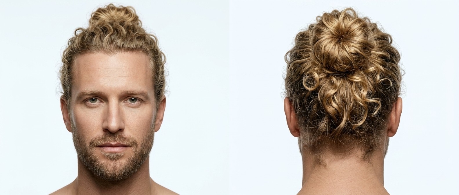Blonde man with a short beard and heart face shape wearing a curly man bun with loose tendrils, showcasing a relaxed everyday hairstyle.