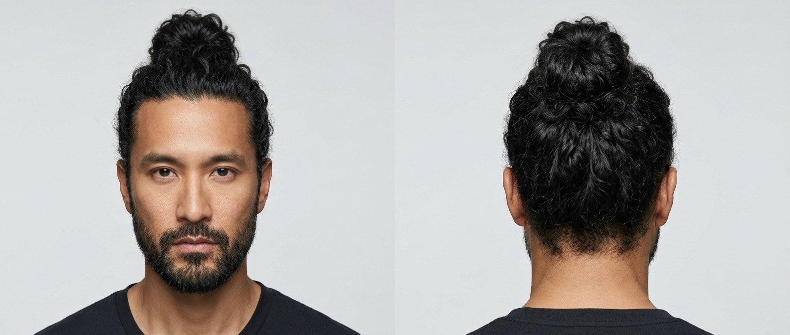 Asian man aged 35-45 with a beard sporting a textured high crown man bun made of Type 3 curly black hair, viewed from front and back.