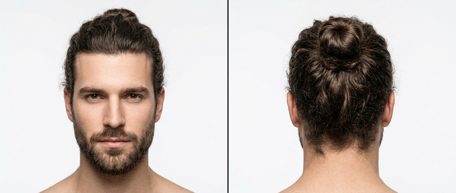 Front and back view of a Caucasian man with a square face, short beard, and dark brown wavy hair styled in a full-crown man bun.