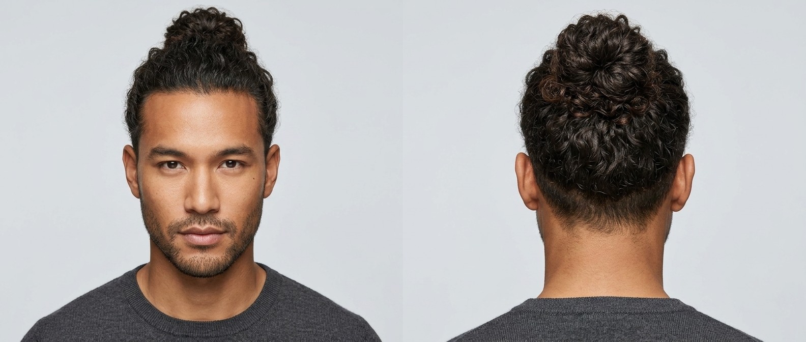 Front and back view of an Asian man with medium skin and stubble wearing a curly high man bun with a softly tapered nape on dark brown thick hair.
