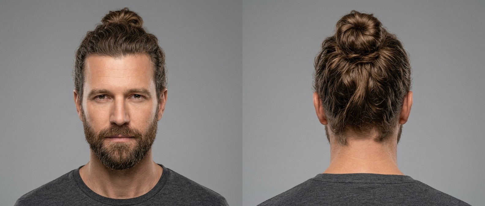 Front and back views of a 45-year-old man with a thick beard wearing a classic wavy high man bun hairstyle for medium thickness brown hair.