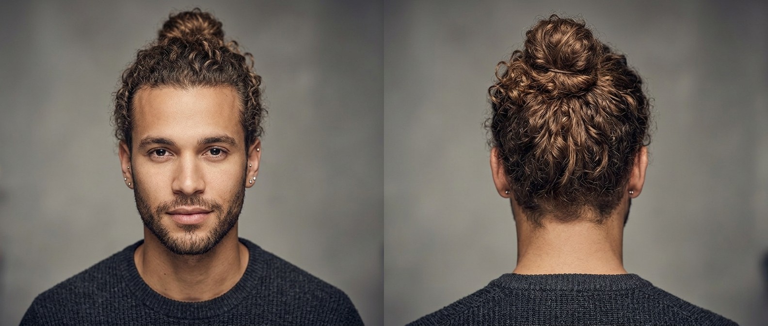 Front and back view of a young man with olive skin and a short beard wearing a curly, textured high man bun showcasing natural brown Type 3 hair.
