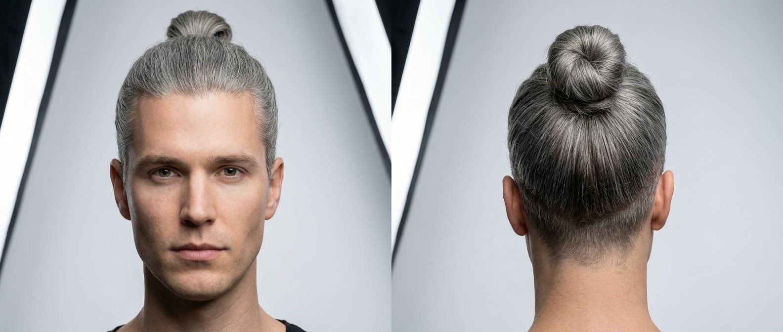 Front and back view of a young man with a sleek silver man bun, featuring a tightly coiled high knot and a medium-length disconnected undercut.