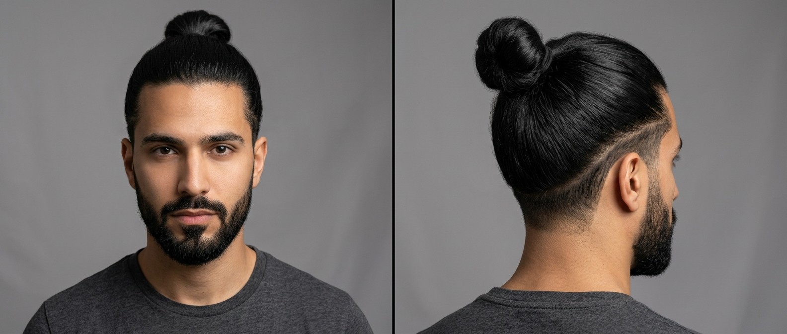 Front and side profile of a man with a sleek disconnected man bun, sharp undercut fade, straight black hair, and a groomed beard.