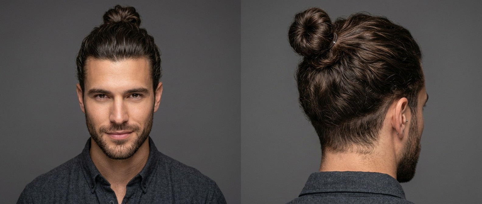 Front and back profile views of a handsome Caucasian male with dark brown wavy hair beautifully styled in a high crown man bun, featuring medium tapered sides, a natural widow's peak, and light facial stubble.