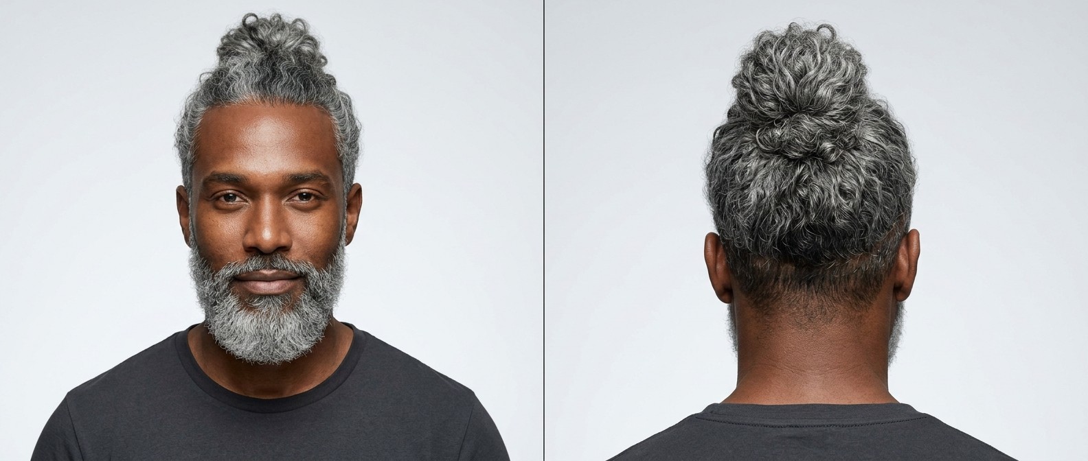 Front and back view of a Black man with thick silver Type 3 curly hair styled in a textured man bun, paired with a full gray beard.