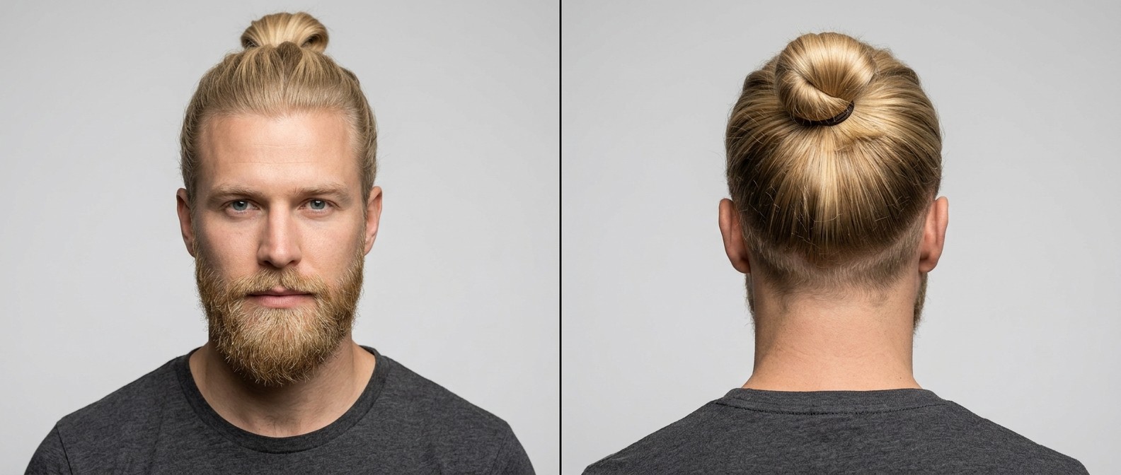 Front and back view of a blonde man with a full beard wearing a high man bun with medium undercut sides and straight, thick hair.