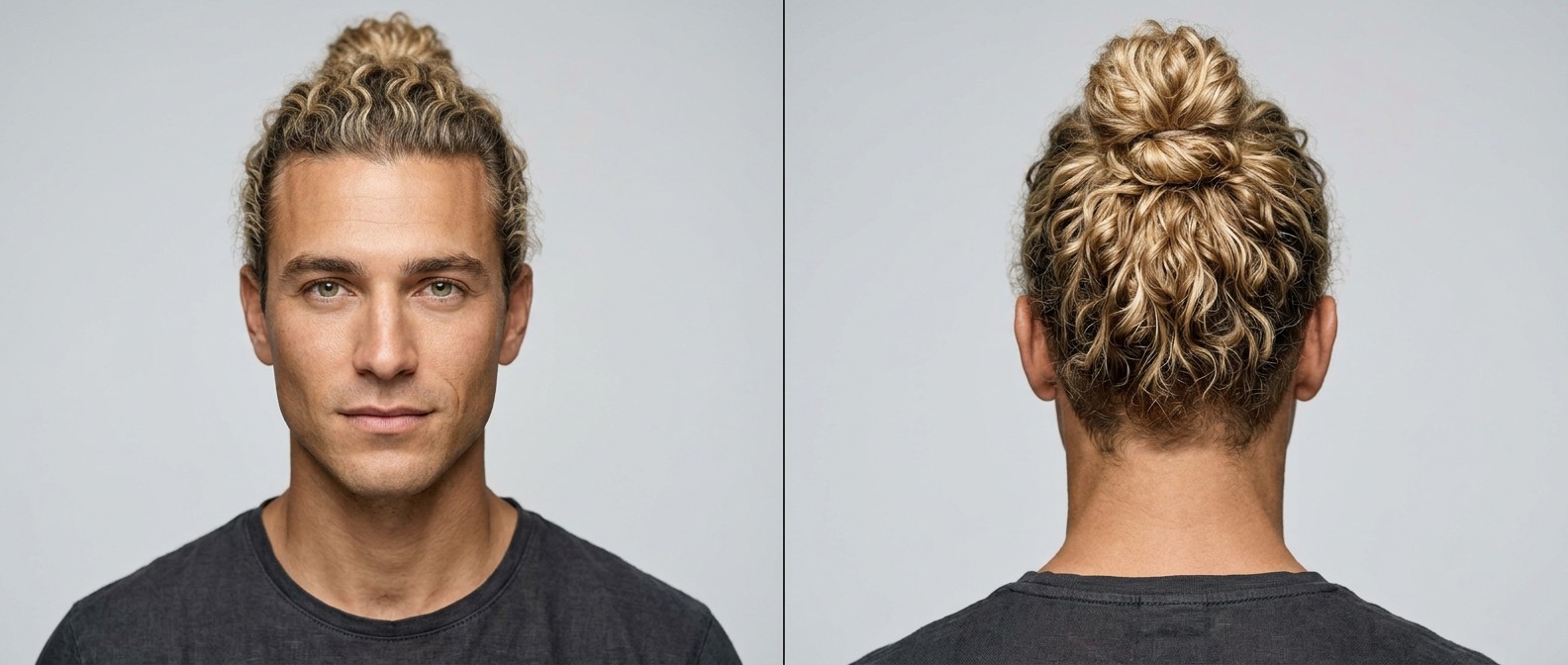 Front and back view of a blonde Caucasian man with a square face wearing a curly man bun, showcasing natural Type 3 curls and medium-length sides.