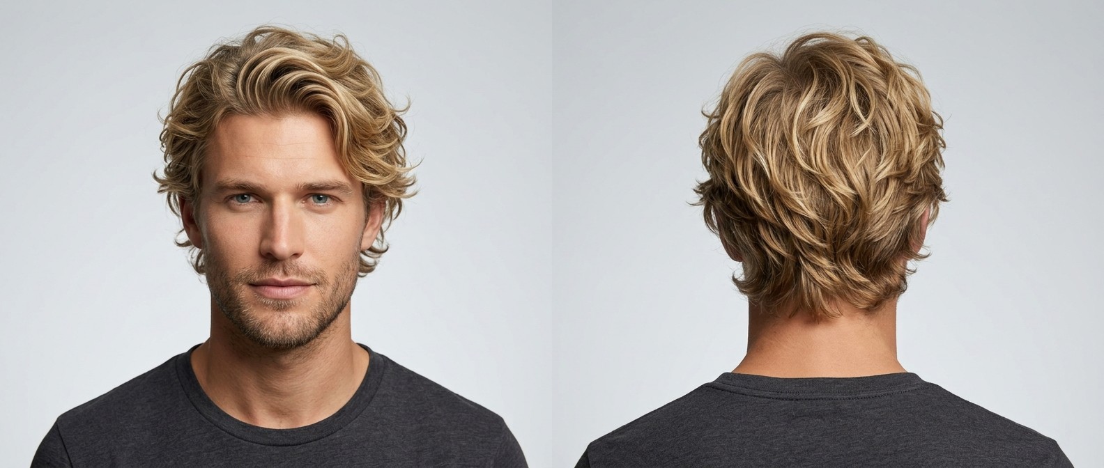 Vista frontal e traseira de um jovem loiro com cabelo médio ondulado e bagunçado, com camadas texturizadas e barba por fazer.