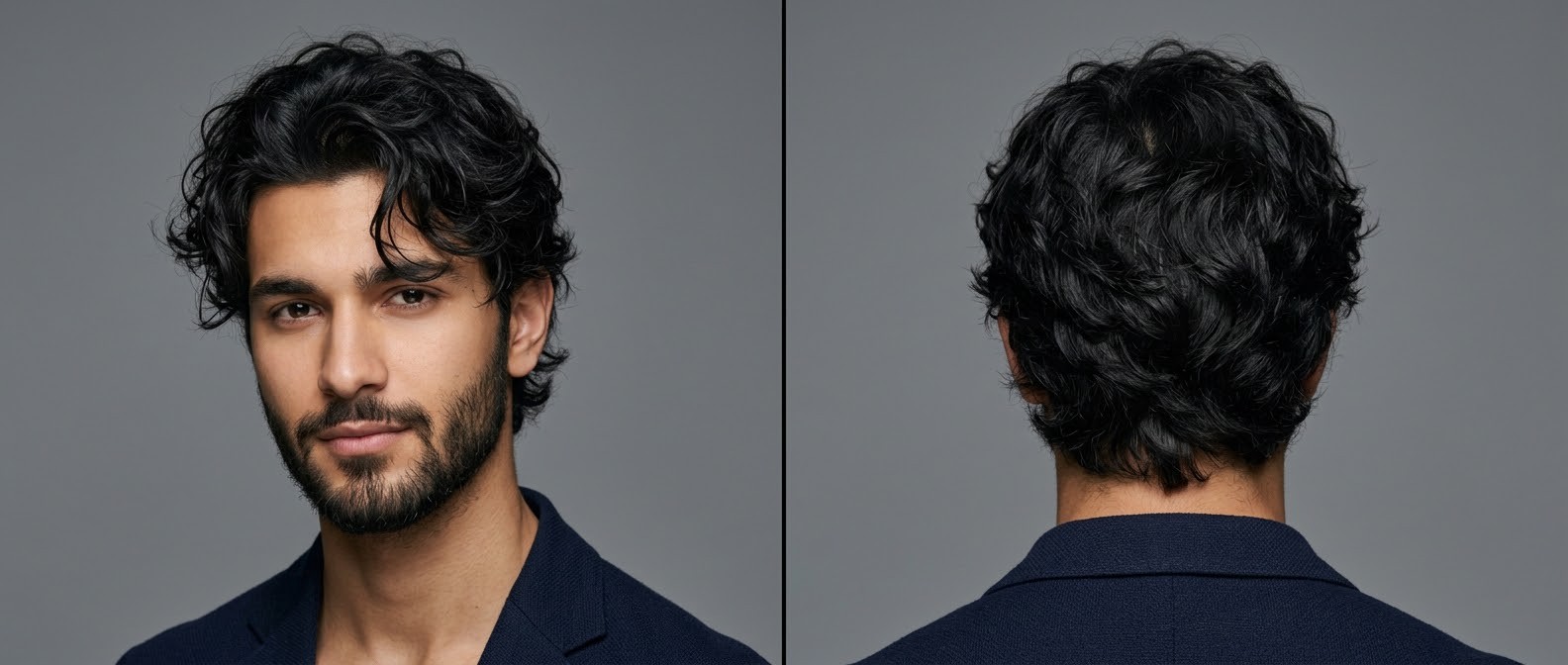 Front and back view of a young man with olive skin and a beard wearing a medium messy wavy haircut with sweeping fringe and textured layers.