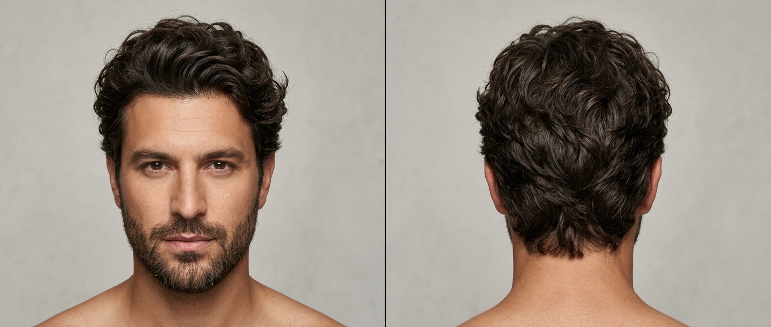 Front and back view of a 40-year-old man with dark brown, thick wavy hair styled in a medium messy layered cut with a short beard.