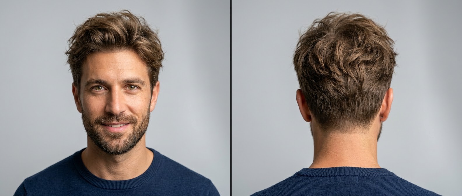 Medium messy textured quiff hairstyle for men with thick light brown hair, soft tapered sides, and a layered crown on a man with a short beard.