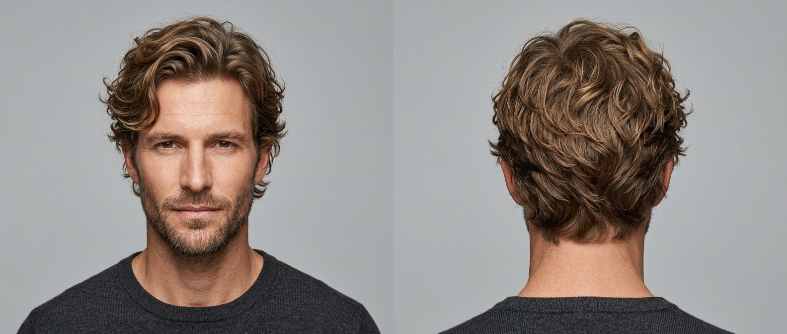 Front and back view of a 40-year-old man with a medium messy wavy hairstyle, featuring soft layers, tapered sides, and a relaxed swept-back top.