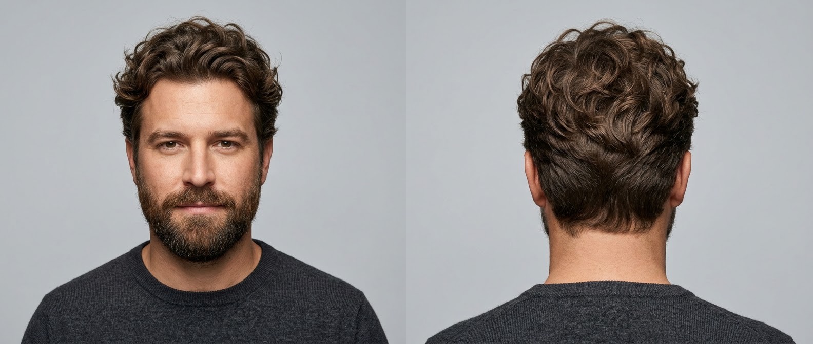 Front and back view of a 40-year-old man with a medium messy wavy scissor-cut hairstyle, thick brown hair, and a full well-groomed beard.
