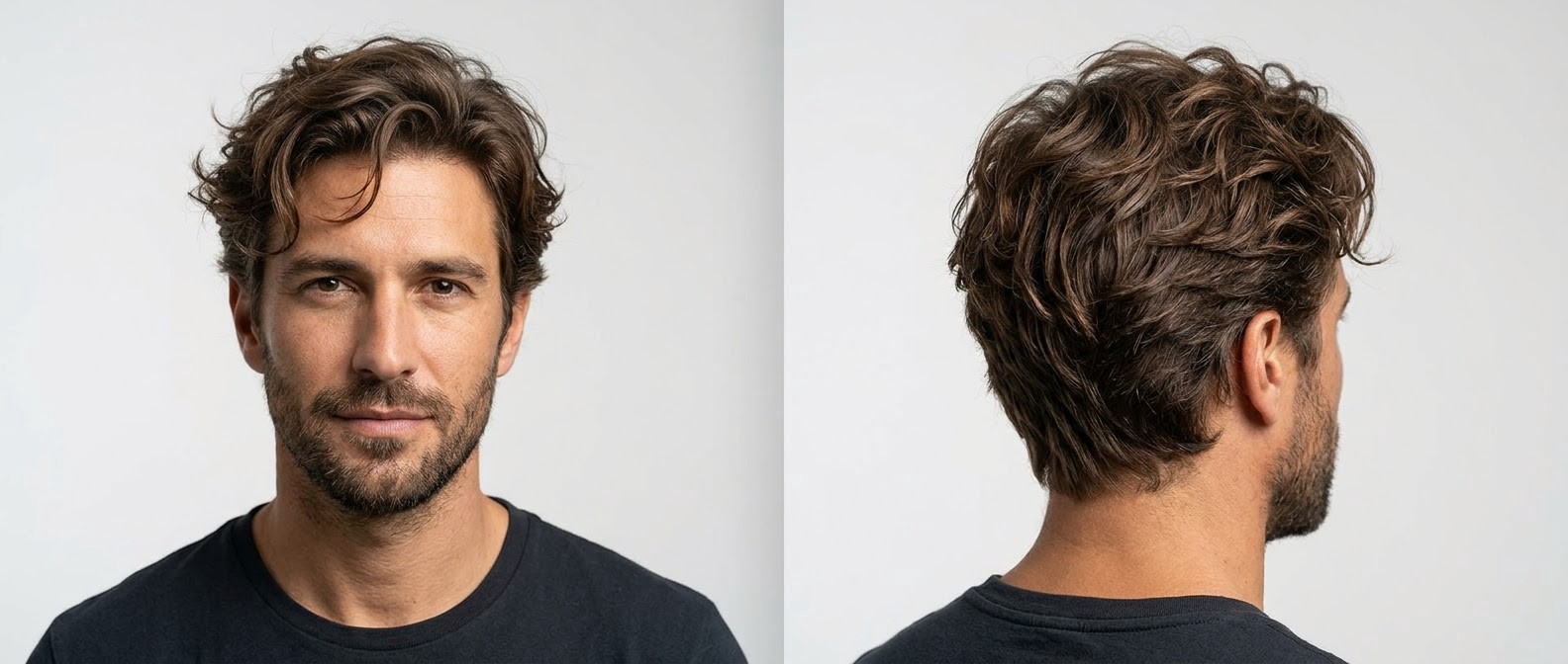 Front and back view of a 35-45 year old Caucasian man with olive skin showcasing a medium messy wavy hairstyle, textured top, short sides, and short beard.