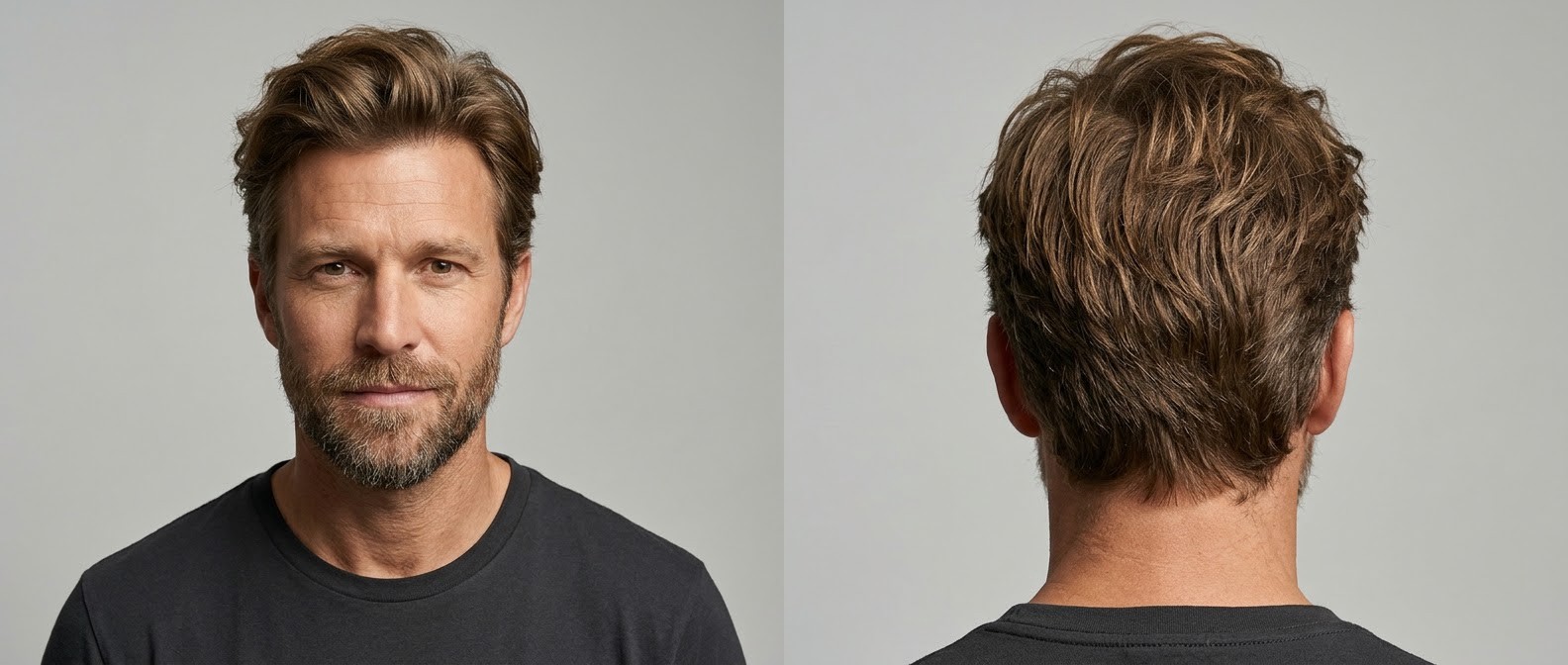 Mature Caucasian man with beard modeling a medium messy swept-back hairstyle for thick straight hair, featuring long textured top and medium sides.