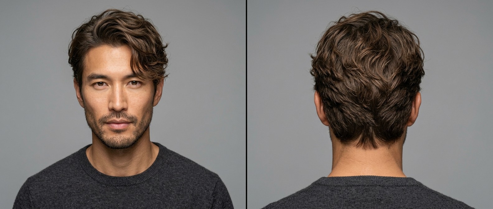 Homem asiático de 35-45 anos, pele oliva e barba por fazer, com corte médio ondulado, laterais curtas e franja lateral.