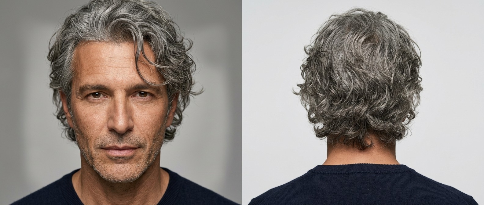 Vista frontal e traseira de um homem de 45+ anos com pele oliva e cabelos grisalhos, usando um corte médio ondulado despojado com topo longo e laterais texturizadas.