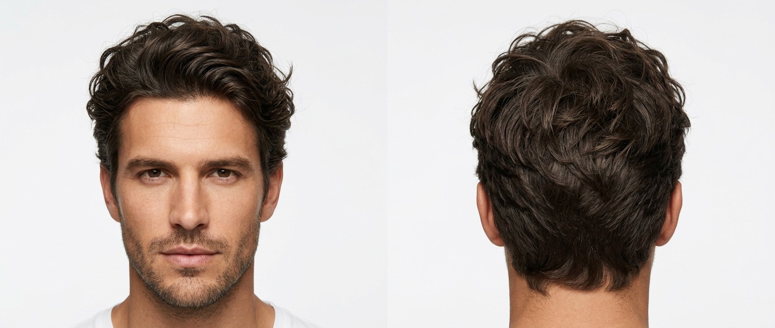 Vista frontal e traseira de um homem com cabelo castanho escuro, corte médio ondulado e despojado, laterais baixas e barba por fazer.