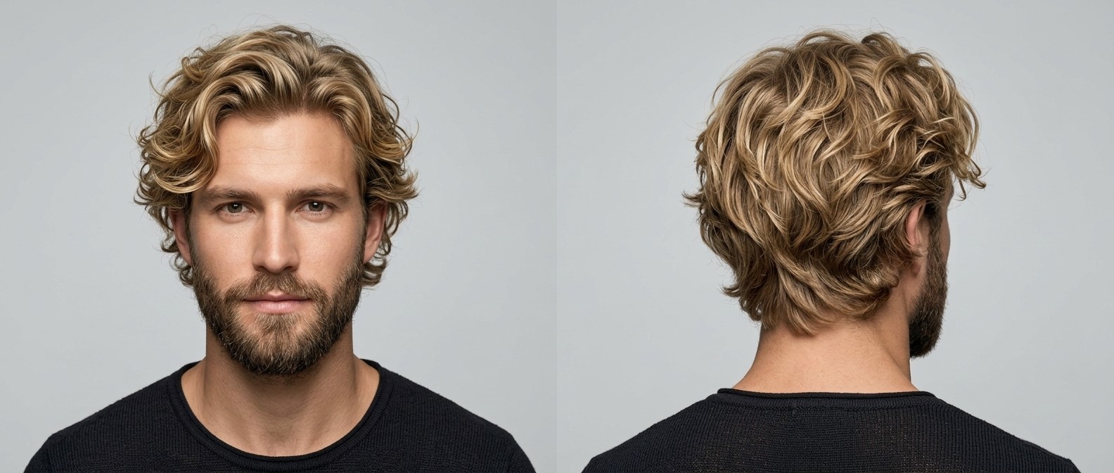 Vista frontal e traseira de um jovem com barba usando um corte médio ondulado despojado com camadas texturizadas.