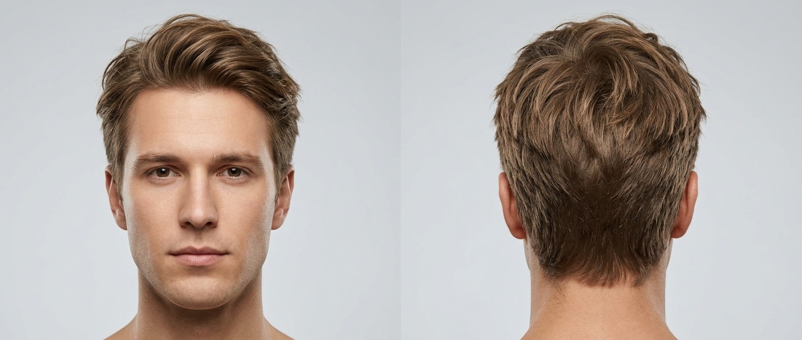 Vista frontal e lateral de um homem com cabelo castanho claro de comprimento médio, com volume para trás e laterais cortadas na tesoura.